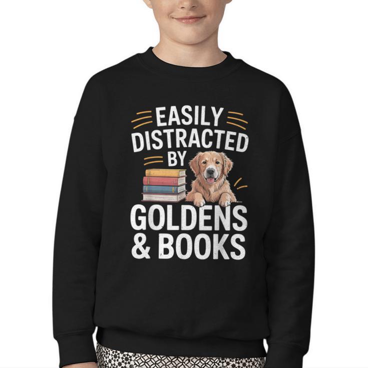 Easily Distracted By Goldens & Books Golden Retriever Dog Youth Crewneck Sweatshirt