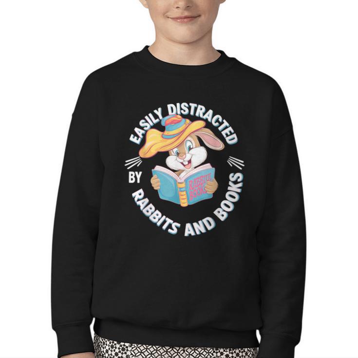 Easily Distracted By Rabbits And Books Reading Youth Crewneck Sweatshirt