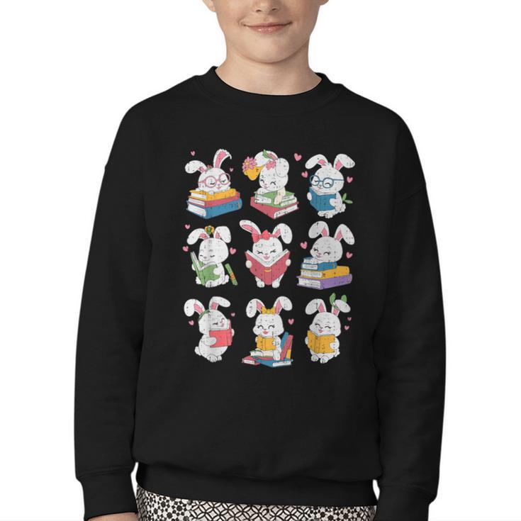 Easter Teacher Cute Bunny Reding Books Librarian Bookworm Youth Crewneck Sweatshirt