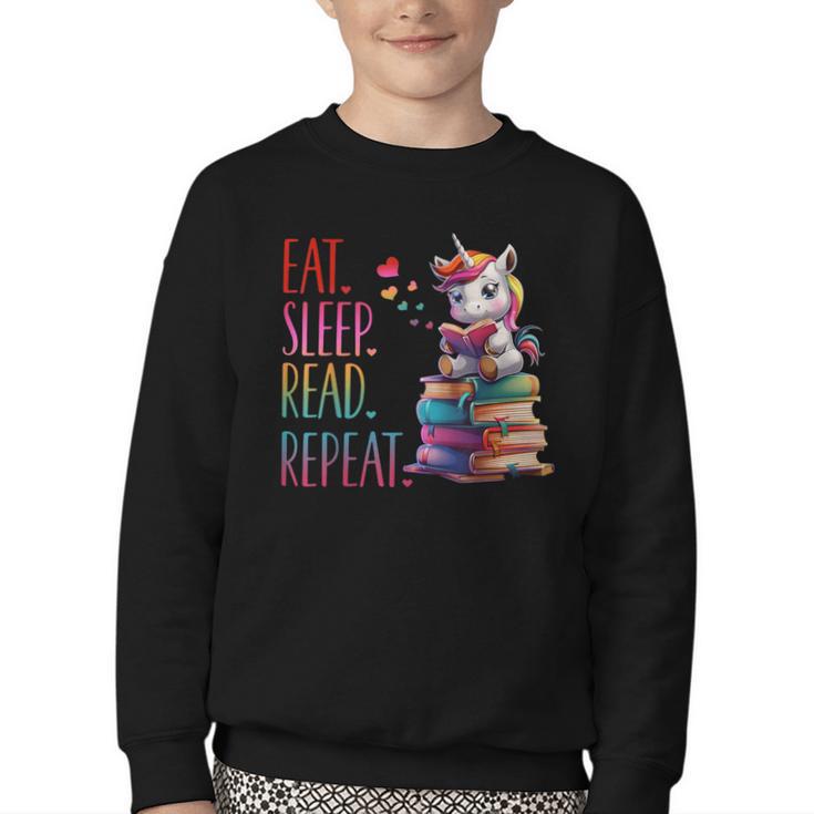 Eat Sleep Read Repeat Unicorn Read Book Reading Lovers Kids Youth Crewneck Sweatshirt