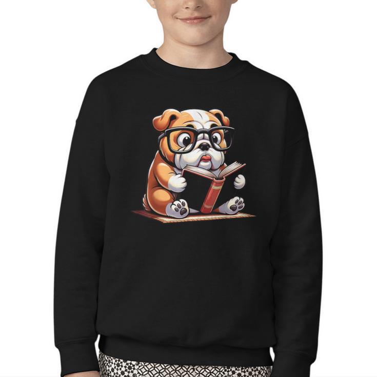 English Bulldog Reading a Book Dog For Men Women Girls Kids Youth Crewneck Sweatshirt