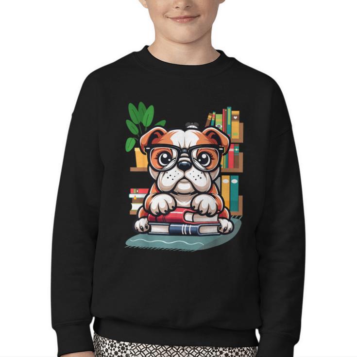 English Bulldog Reading a Book Dog Youth Crewneck Sweatshirt