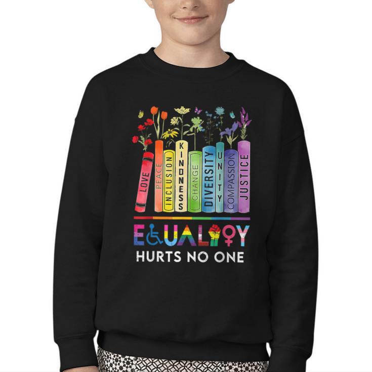 Equality Hurts No One Book Flower Rainbow Pride Month LGBTQ Youth Crewneck Sweatshirt