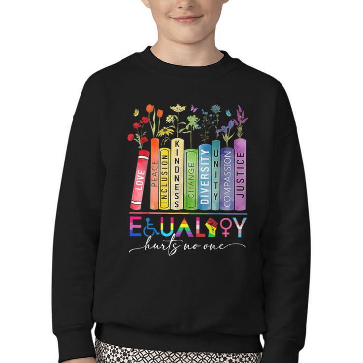 Equality Hurts No One Floral Books LGBTQ Gay Les Pride Month Youth Crewneck Sweatshirt