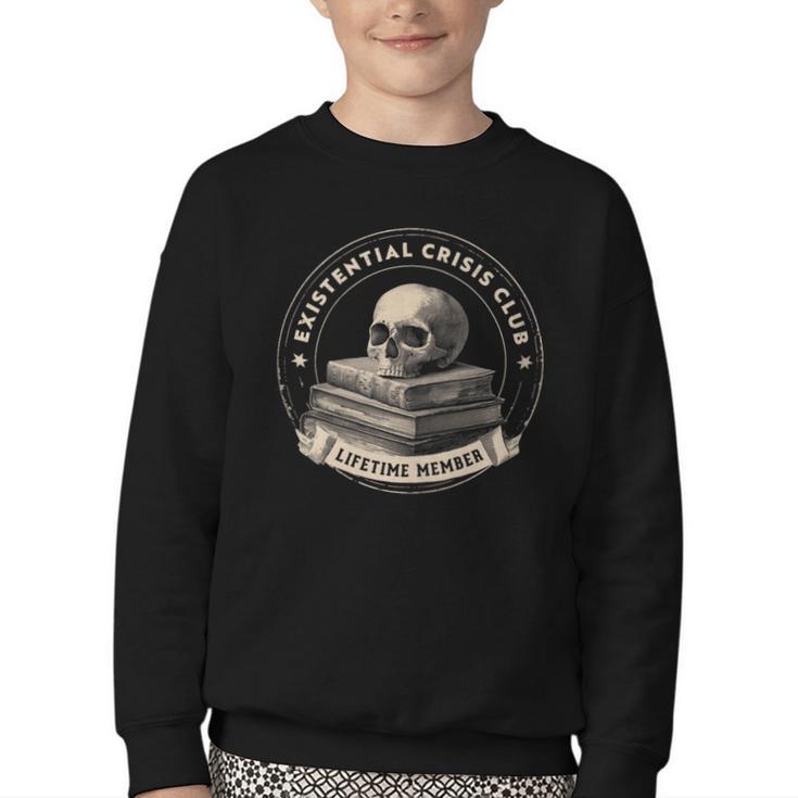 Existential Crisis Club Lifetime Member Skull And Books Youth Crewneck Sweatshirt