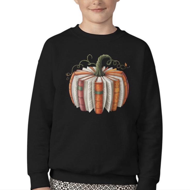Fall Book Pumpkin Halloween Teacher Librarian Thanksgiving Youth Crewneck Sweatshirt
