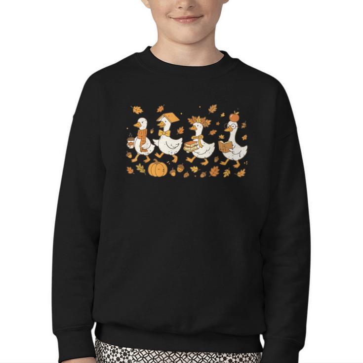 Fall Goose Reading Book Teacher Autumn Pumpkin Cozy Season Youth Crewneck Sweatshirt