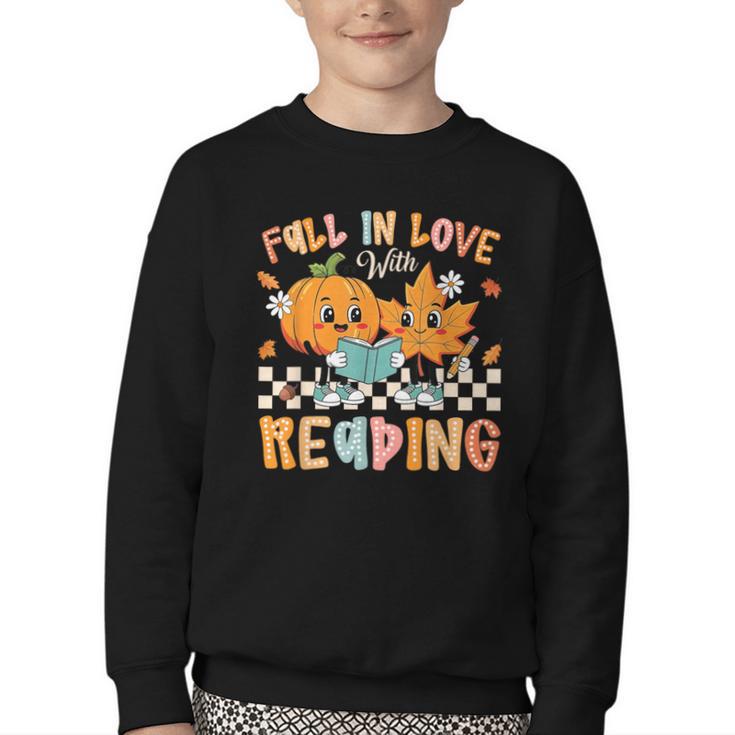 Fall In Love With Reading Thanksgiving Pumpkin Book Lover Youth Crewneck Sweatshirt