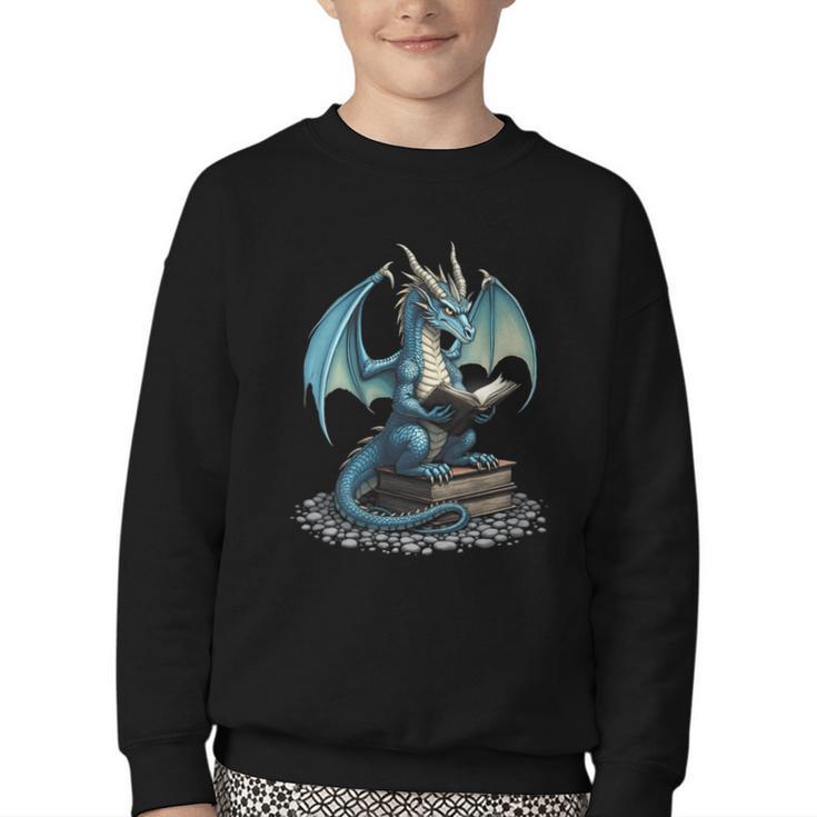 Fantasy Dragon Reading Magical Book Lover Halloween Vibes Youth Crewneck Sweatshirt