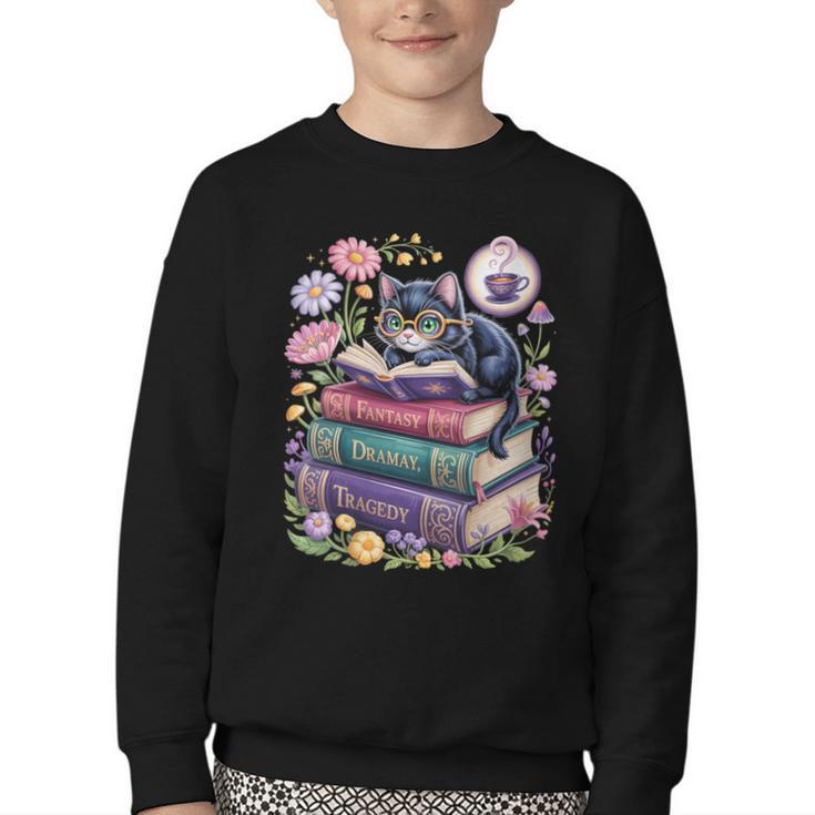 Fantasy Drama Tragedy Cute Cat Book Lover Readers Librarians Youth Crewneck Sweatshirt