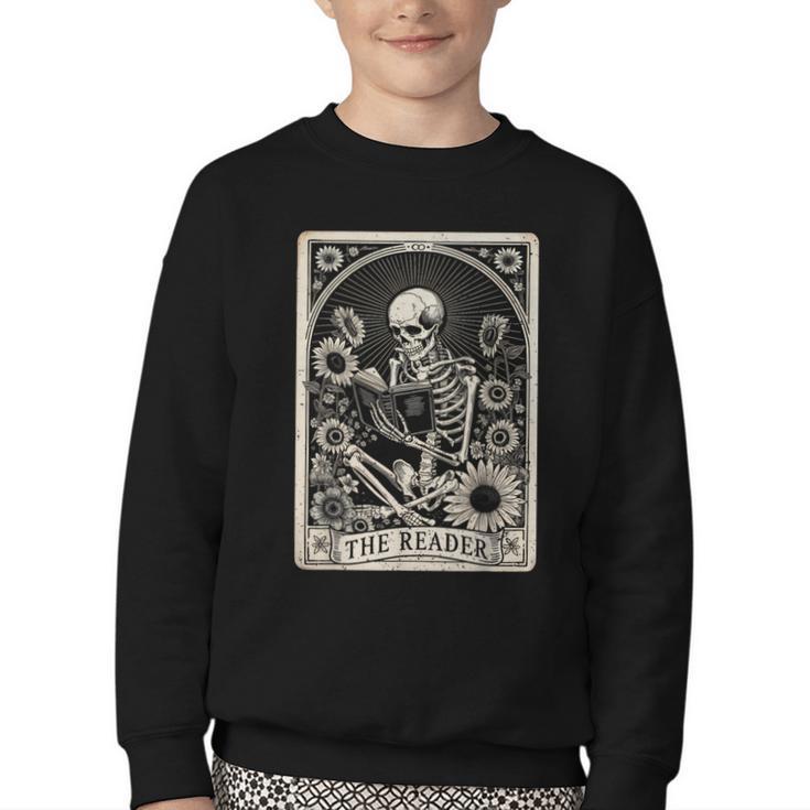 Floral The Reader Tarot Card Skeleton Reading Book Youth Crewneck Sweatshirt