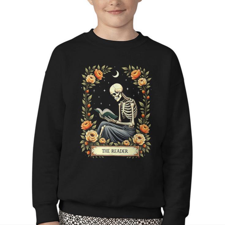 Floral Tarot Card The Reader Skeleton Reading Book Youth Crewneck Sweatshirt