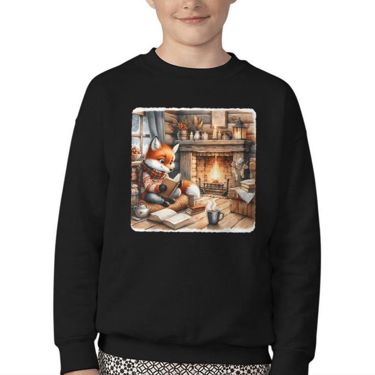 Fox Reads By Fireplace In Cabin Rustic Book Cozy Cup Tea Youth Crewneck Sweatshirt