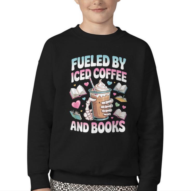 Fueled By Iced Coffee And Books Book Lover Retro Youth Crewneck Sweatshirt