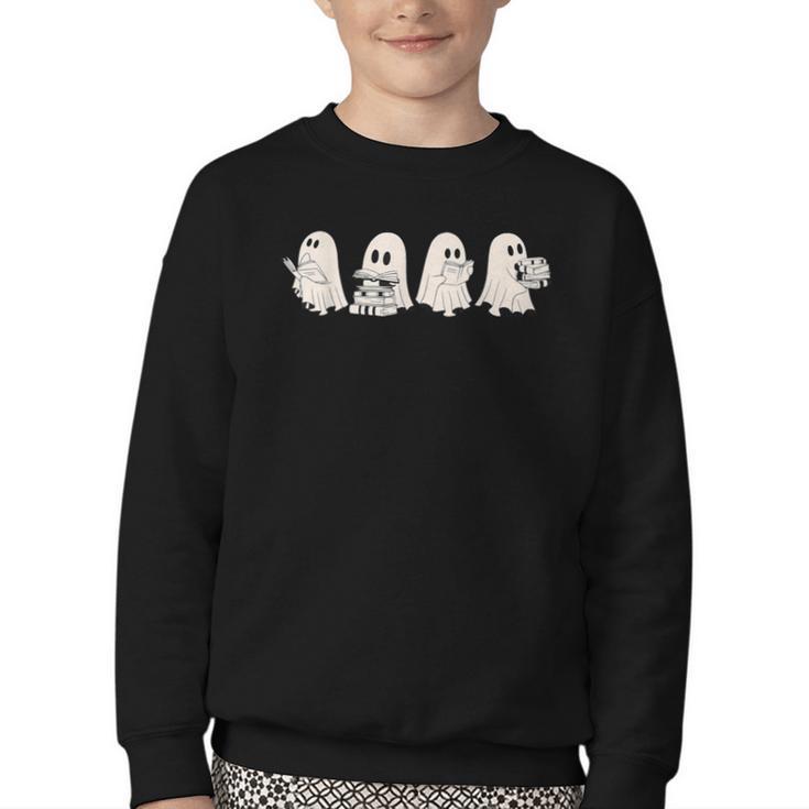 Ghost Book Reading Halloween Books Lover Teacher Kids Youth Crewneck Sweatshirt