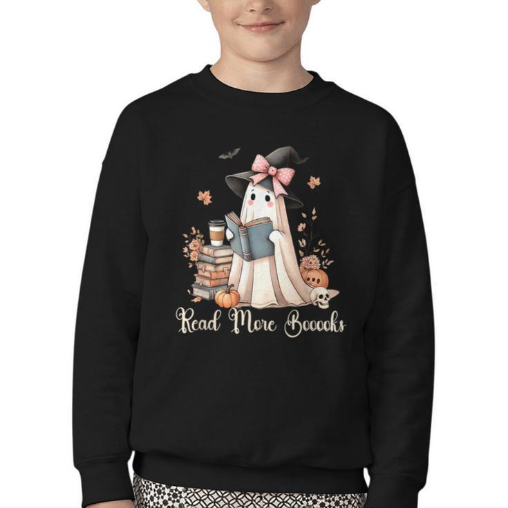Ghost Reading Book Coquette Bow Halloween Girl Kid Teacher Youth Crewneck Sweatshirt