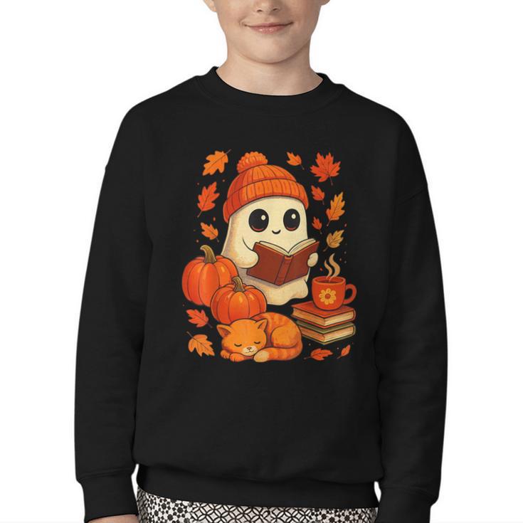 Ghost Reading Book Lovers Autumn Fall Halloween Youth Crewneck Sweatshirt