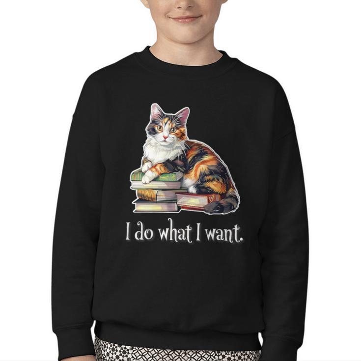 Girls Books I Do What I Want Calico Cat Lover Youth Crewneck Sweatshirt