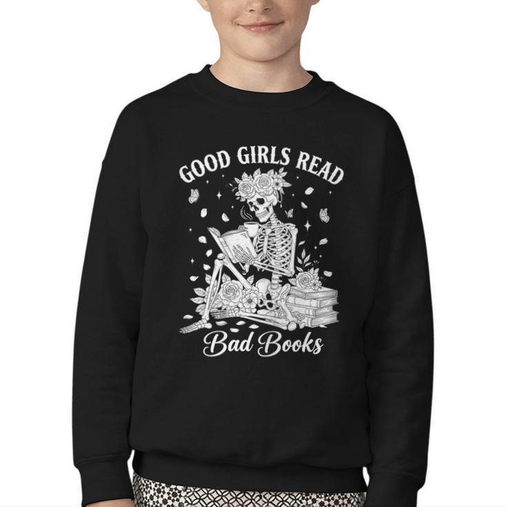 Good Girls Read Bad Books Skeleton Reading Book Halloween Youth Crewneck Sweatshirt