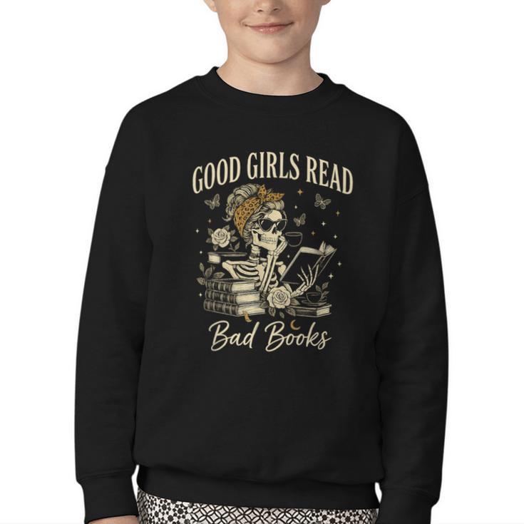 Good Girls Read Bad Books Vintage Skeleton Reader Youth Crewneck Sweatshirt