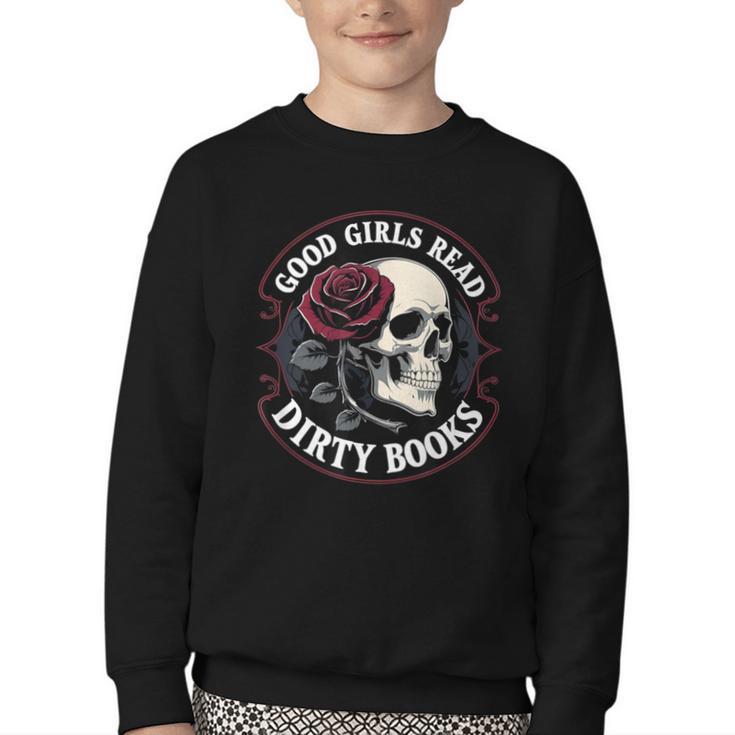 Good Girls Read Dirty Books Smut Reader Dark Romance Skull Youth Crewneck Sweatshirt