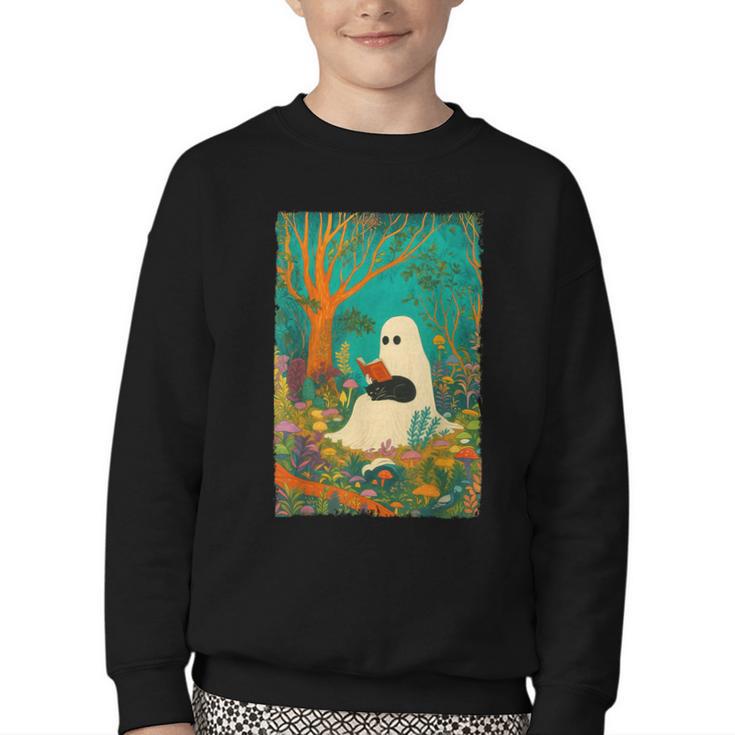 Groovy Ghost Reading Book Cat Halloween Ghost Teacher Youth Crewneck Sweatshirt