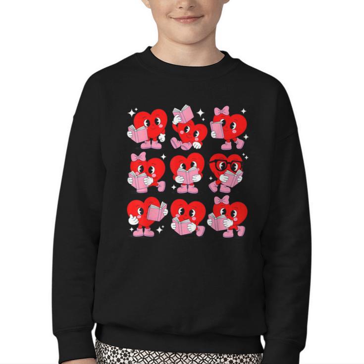Heart Reading Books Valentine Teacher Boys Girls Book Lover Youth Crewneck Sweatshirt