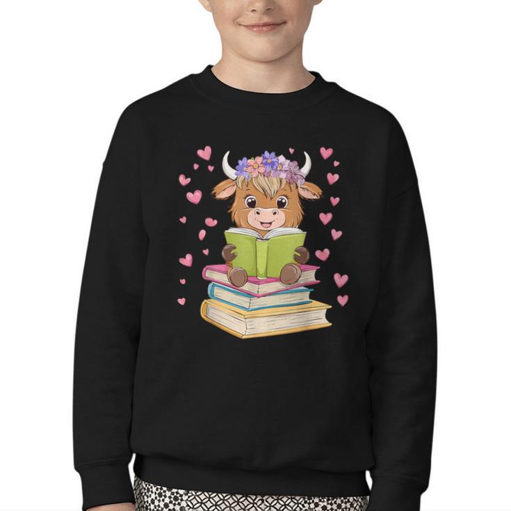 Highland Cow Reading Book Floral Bookworm Youth Crewneck Sweatshirt