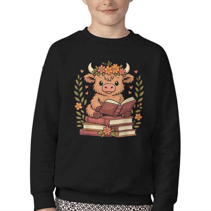 Highland Cow Reading Book Graphic Cow With Book Floral Youth Crewneck Sweatshirt