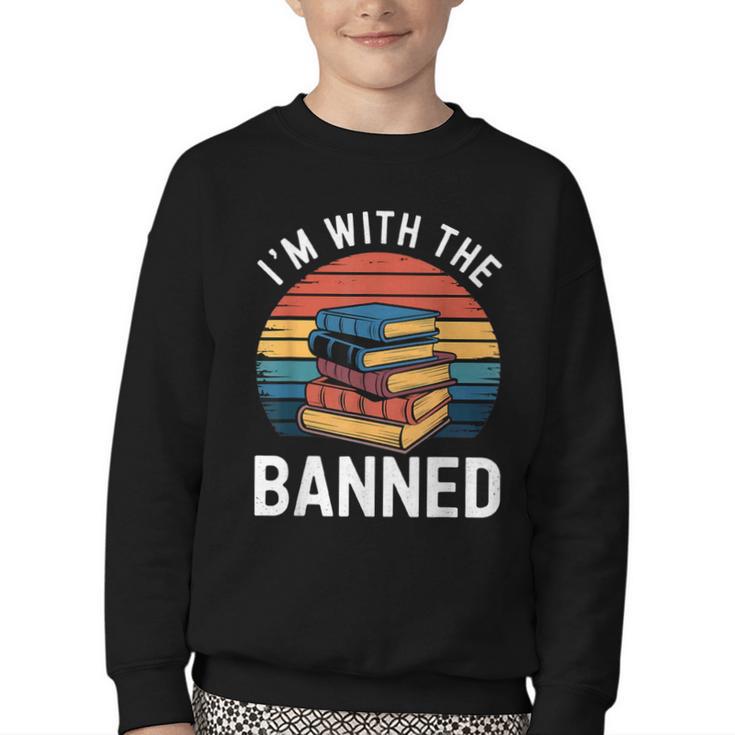 I'm With The Banned Stack Of Books Vintage Sunset Retro Youth Crewneck Sweatshirt