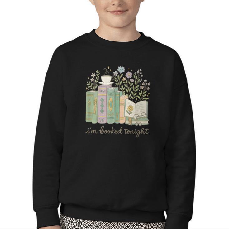 I'm Booked Tonight Cozy Floral Book Lover Graphic Youth Crewneck Sweatshirt