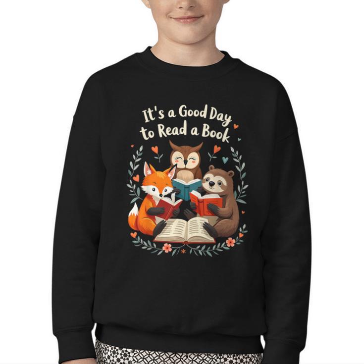 Its A Good Day To Read Book Cute Fox Sloth Owl Novel Reading Youth Crewneck Sweatshirt
