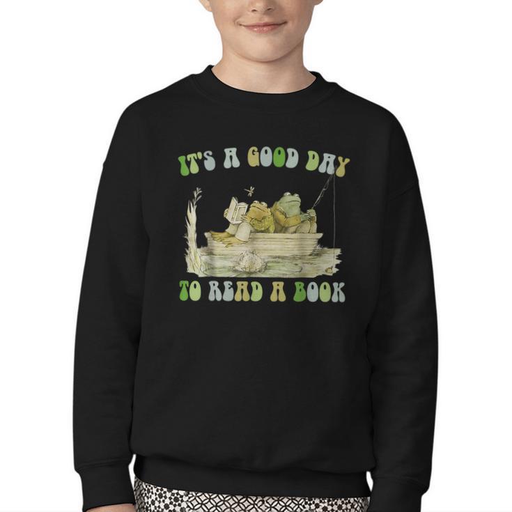 It's A Good Day To Read A Book Shirt Frog Reading Book Youth Crewneck Sweatshirt