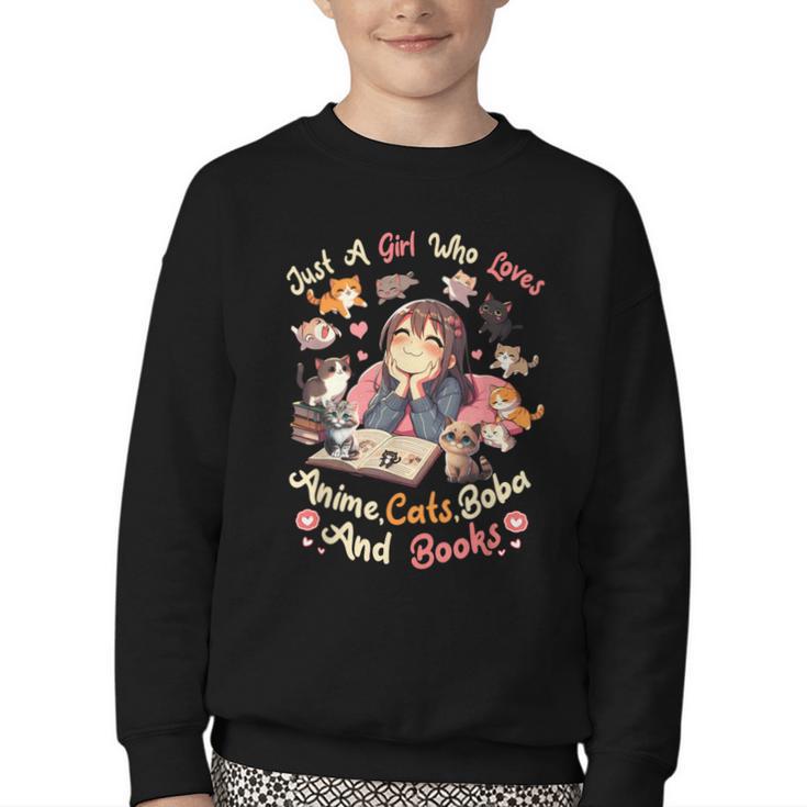 Just Girl Who Loves Anime Cats Boba And Books Bubble Tea Youth Crewneck Sweatshirt