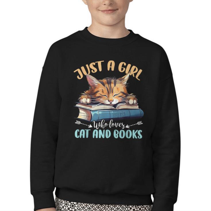 Just a Girl Who Loves Cats And Books Kitties Pet Art Lover Youth Crewneck Sweatshirt