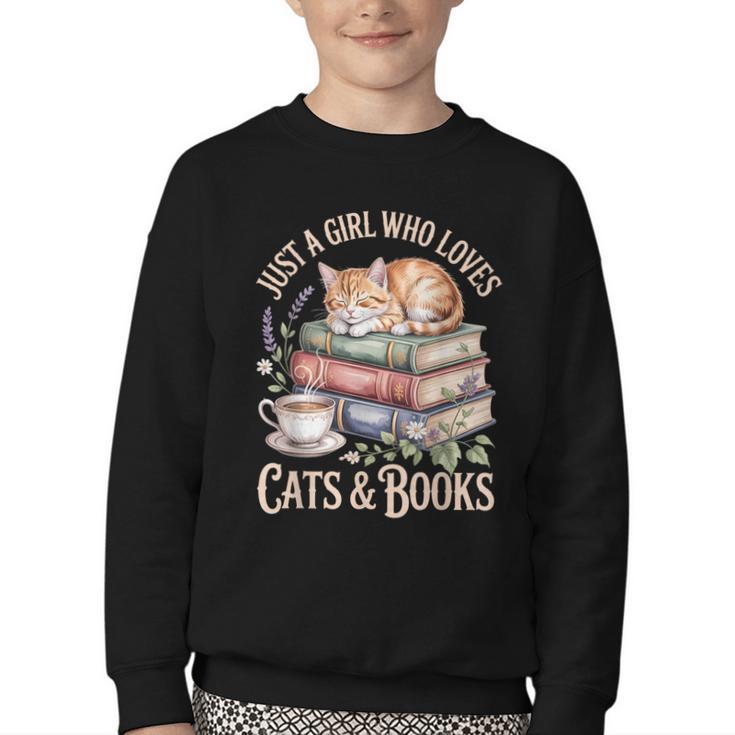 Just A Girl Who Loves Cats And Books Reading Librarian Youth Crewneck Sweatshirt