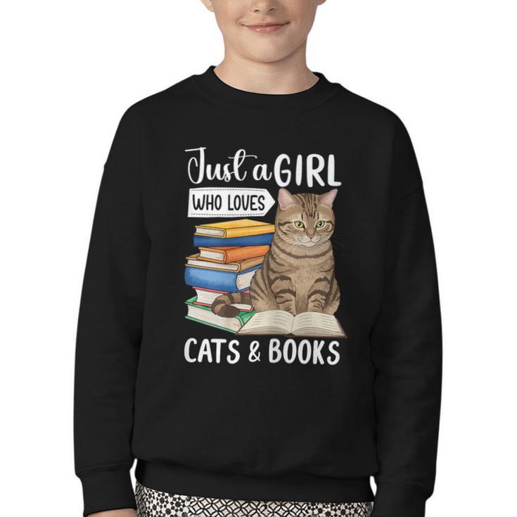 Just a Girl Who Loves Cats And Books Youth Crewneck Sweatshirt