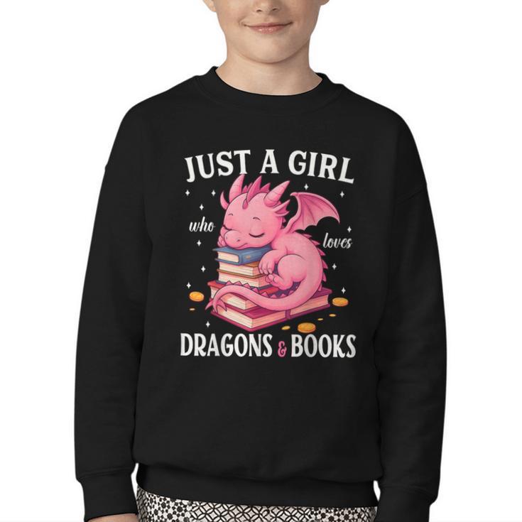 Just A Girl Who Loves Dragons And Books Dragon Reading Lover Youth Crewneck Sweatshirt
