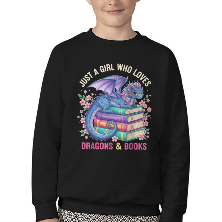 Just a Girl Who Loves Dragons And Books Dragon Reading Youth Crewneck Sweatshirt
