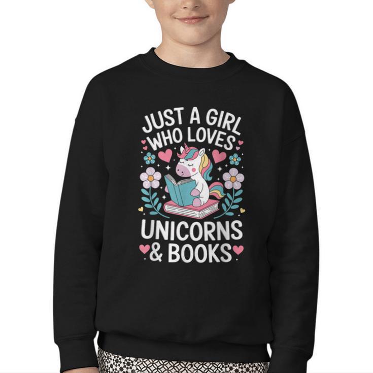 Just a Girl Who Loves Unicorns And Books Youth Crewneck Sweatshirt