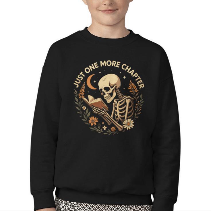 Just One More Chapter Book Lover Bookish Reading Skeleton Youth Crewneck Sweatshirt