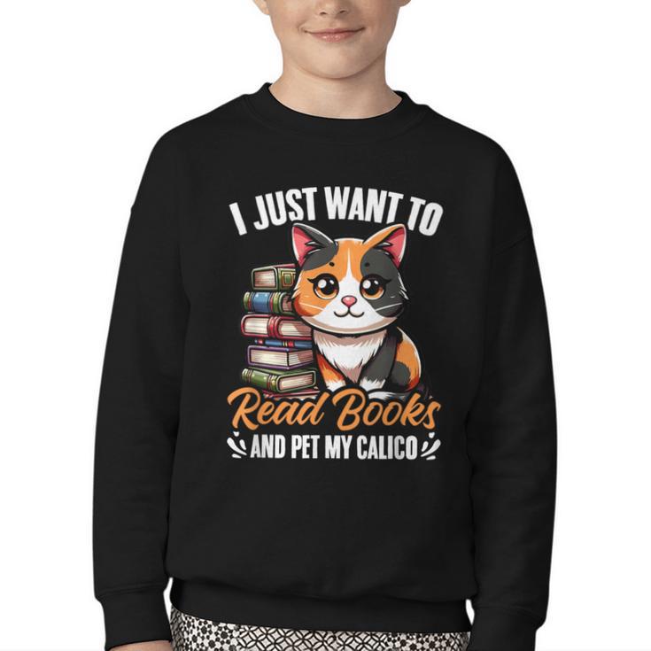 Kawaii Feline Book Reading Read Books Pet My Calico Cat Men Women Youth Crewneck Sweatshirt