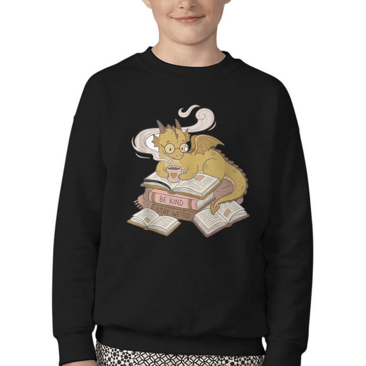 Be Kind Stay Weird Read Books Cute Dragon Youth Crewneck Sweatshirt