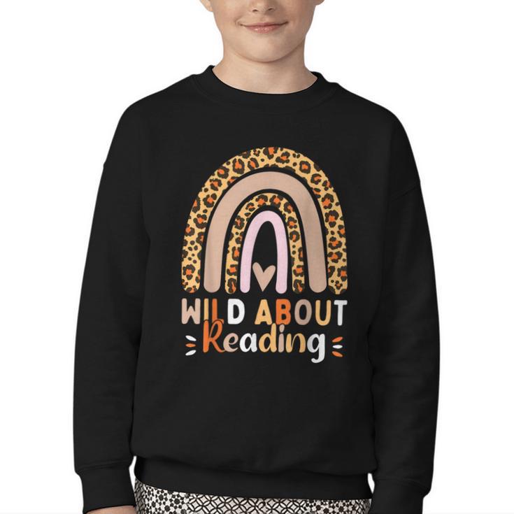 Leopard Teacher Wild About Reading Books Reader Librarian Youth Crewneck Sweatshirt