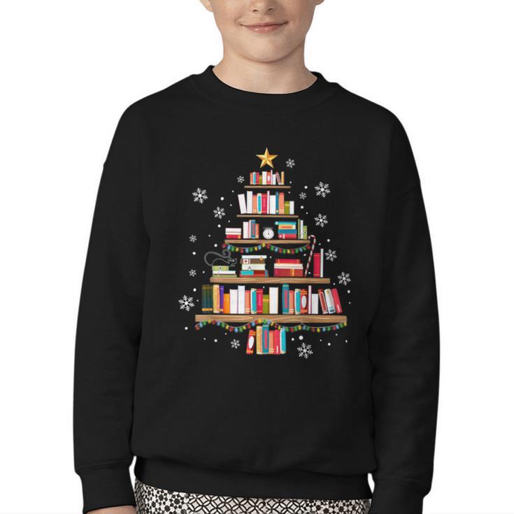 Library Books Christmas Tree Teacher Xmas Snowflake Youth Crewneck Sweatshirt