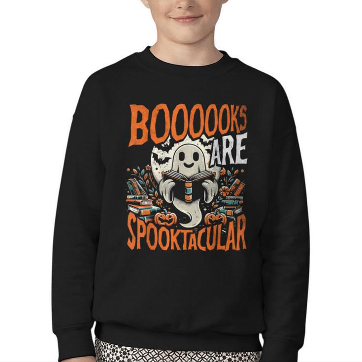 Library Halloween Book Lover Ghost With Books Youth Crewneck Sweatshirt