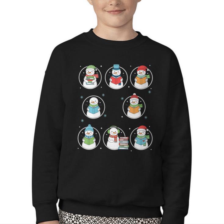 Literary Winter Reading Snowmen Cozy Book Lover Pattern Youth Crewneck Sweatshirt