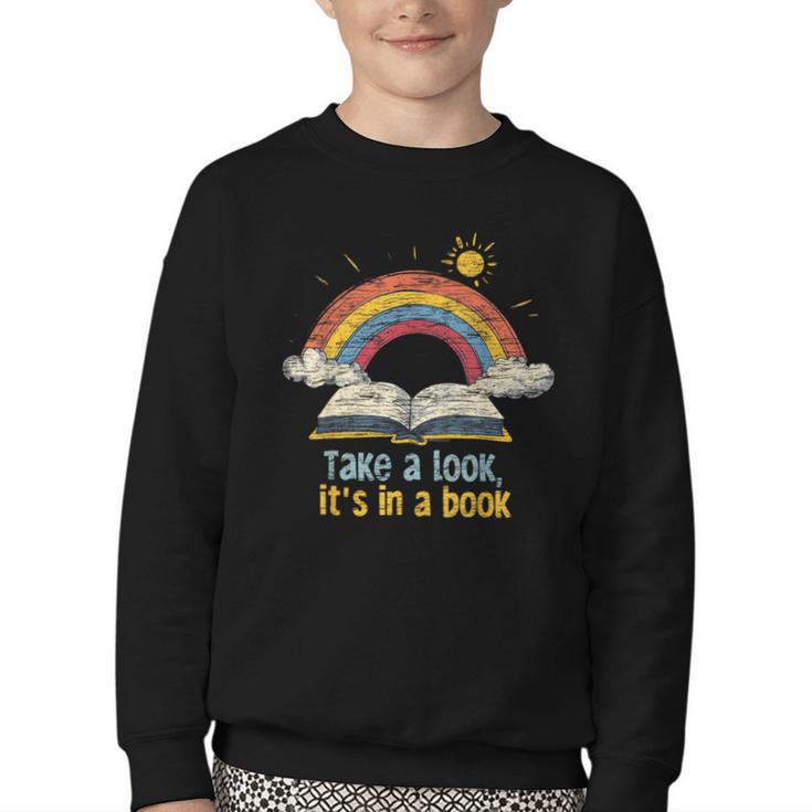 Take a Look It's In a Book Vintage Reading Teacher Rainbow Youth Crewneck Sweatshirt