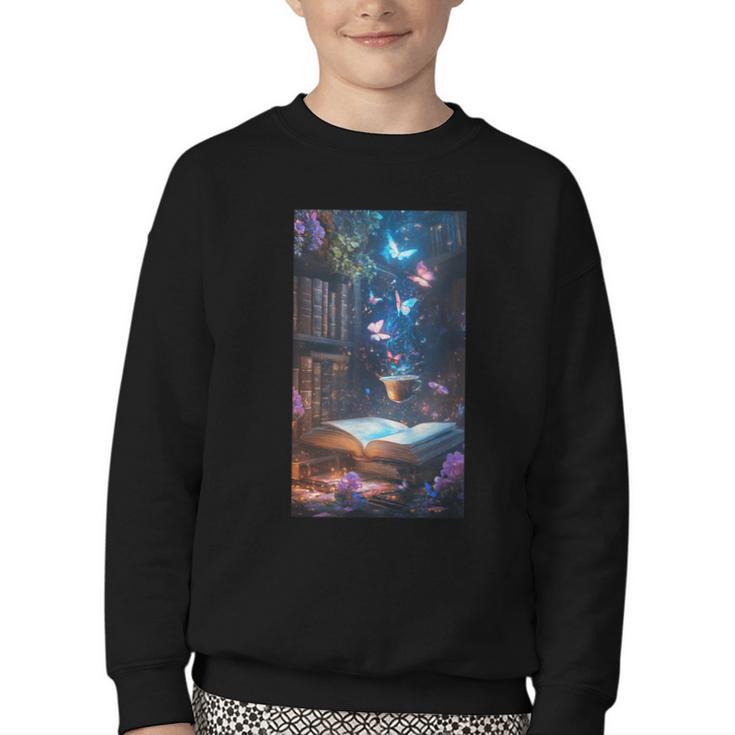 Magic Books Butterflies Fantasy Nature Tea Enchanting Youth Crewneck Sweatshirt