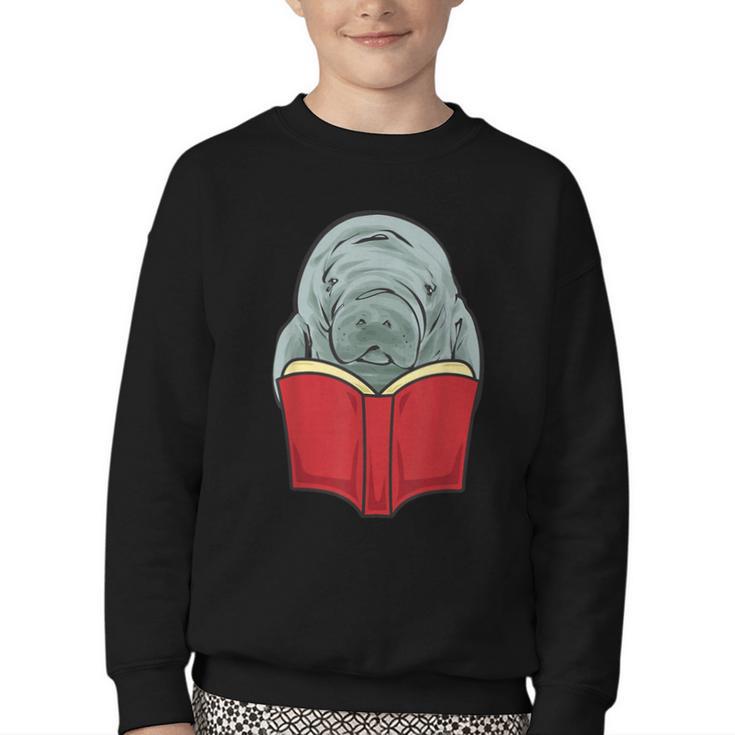 Manatee Reading Books Sea Animal Manatee Youth Crewneck Sweatshirt